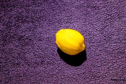 Picture 3 Yellow Against Purple / Violet (Ratio1:3) Details This picture was taken with a 24/70mm lens, aperture of f16 and a speed of 1.3 sec. ISO 640, focal length 70mm. Camera held and positioned on a tripod. Comments This combination of yellow against violet is like a night and day contrast, imagine the lemon being the moon and the violet representing the sky. For me this is the most striking of the three combinations I also find it offers the most visual energy. Again I could liken these two complementary opposites to the lemon being the electric nucleus and the violet being the protons and neutrons.  For details showing how I  accurately calculated the ratio of 1:3 please see my learning Log - Exercise 25.  